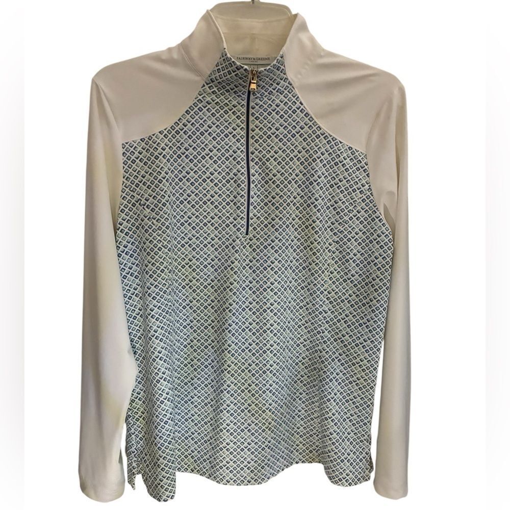 Fairway & Greene Navy and White Geometric Quarter-Zip Shirt Woman’s Size L